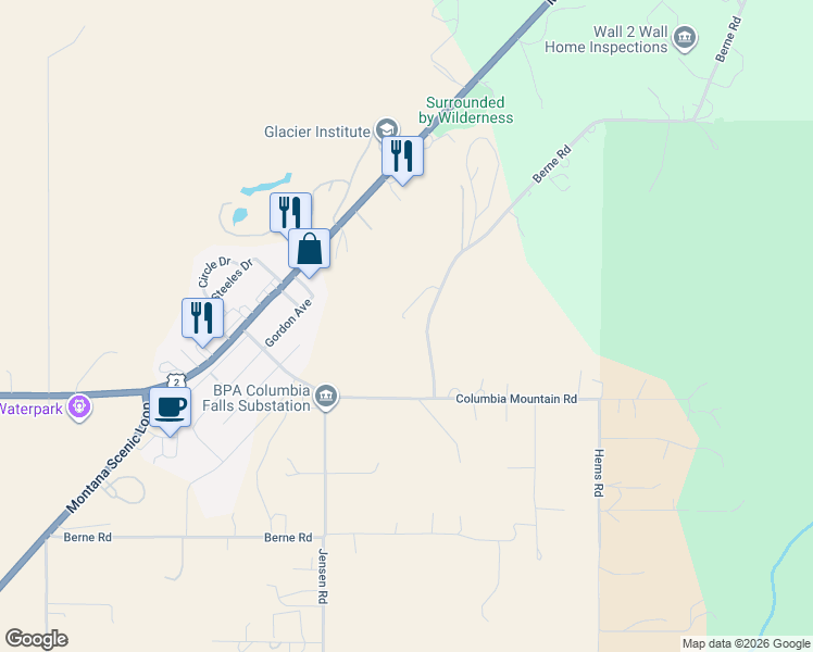 map of restaurants, bars, coffee shops, grocery stores, and more near 1188 Berne Road in Columbia Falls