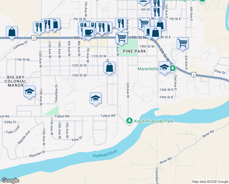map of restaurants, bars, coffee shops, grocery stores, and more near 14th Street in Columbia Falls
