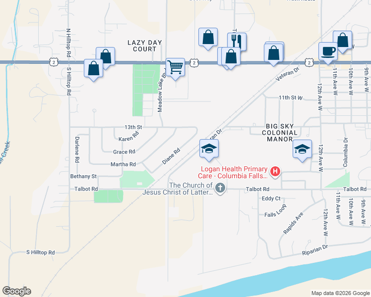 map of restaurants, bars, coffee shops, grocery stores, and more near 6 Diane Road in Columbia Falls