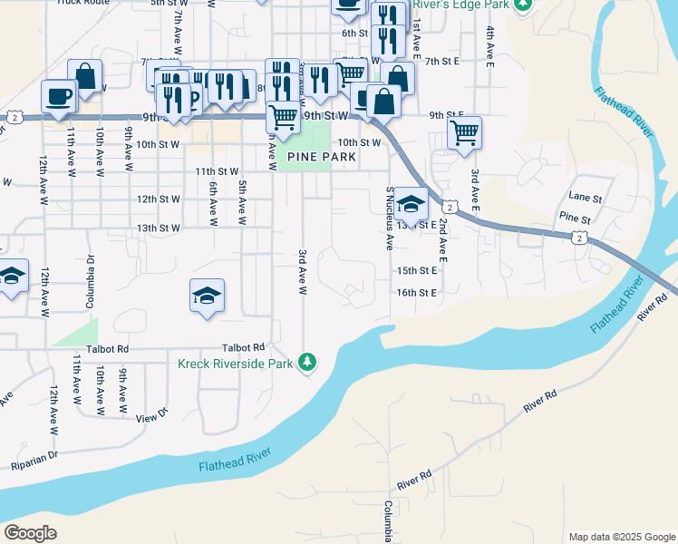 map of restaurants, bars, coffee shops, grocery stores, and more near 17 Cedar Pointe Loop in Columbia Falls