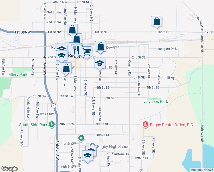 map of restaurants, bars, coffee shops, grocery stores, and more near 317 5th Street Southeast in Rugby