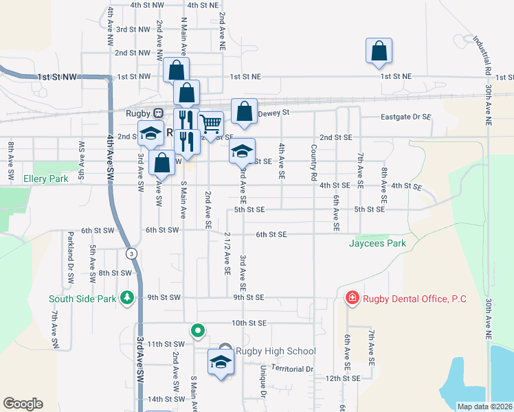 map of restaurants, bars, coffee shops, grocery stores, and more near 317 5th Street Southeast in Rugby