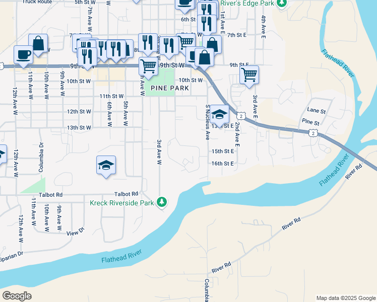 map of restaurants, bars, coffee shops, grocery stores, and more near 17 Cedar Pointe Loop in Columbia Falls