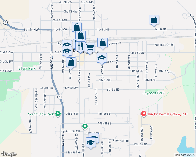 map of restaurants, bars, coffee shops, grocery stores, and more near 223 5th Street Southeast in Rugby