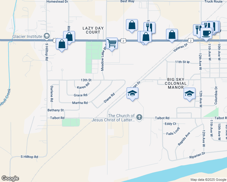 map of restaurants, bars, coffee shops, grocery stores, and more near 7 Diane Road in Columbia Falls