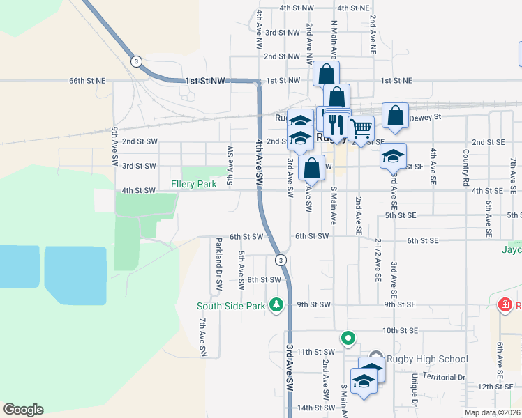 map of restaurants, bars, coffee shops, grocery stores, and more near 499 4th Avenue Southwest in Rugby