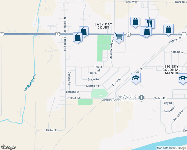 map of restaurants, bars, coffee shops, grocery stores, and more near 1 Beth Road in Columbia Falls