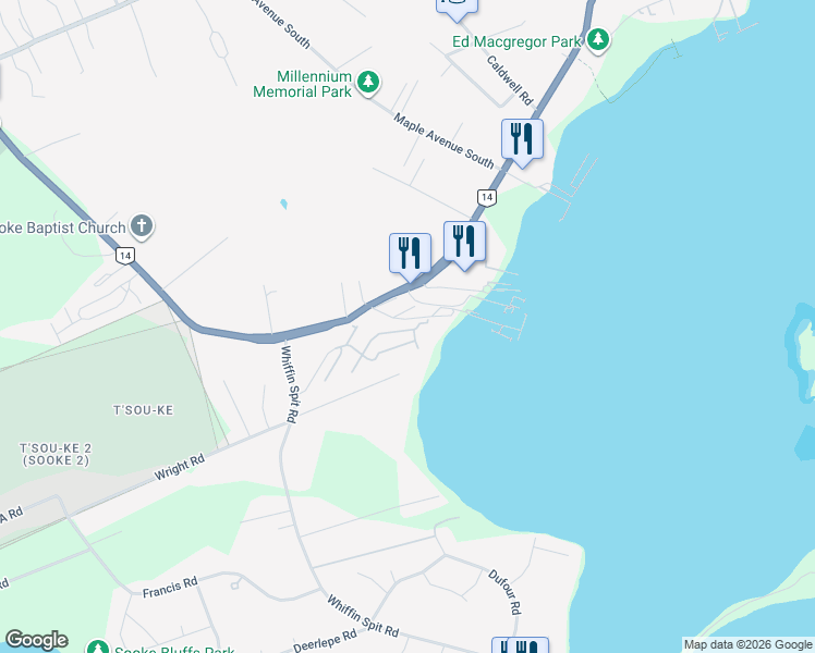 map of restaurants, bars, coffee shops, grocery stores, and more near 6947 Juan de Fuca Highway in Sooke