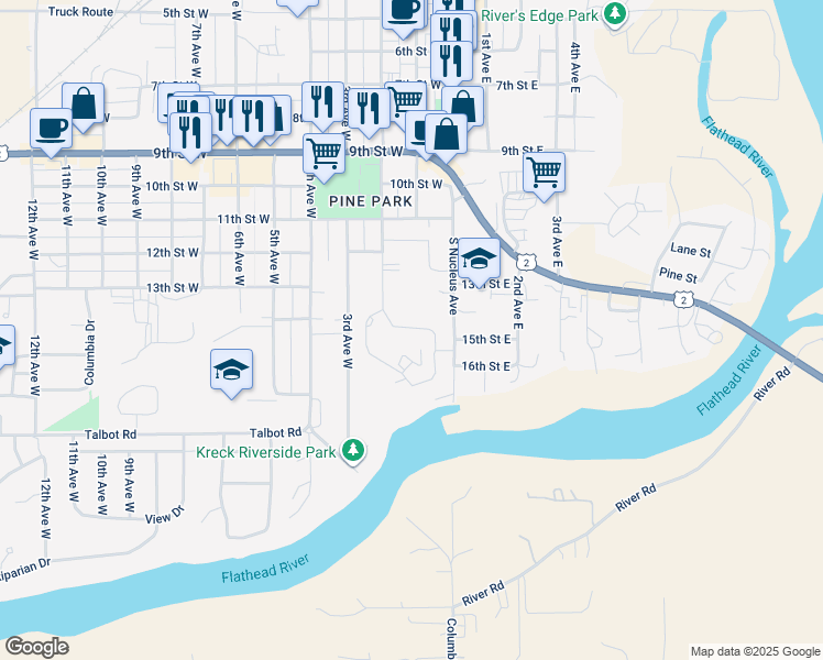 map of restaurants, bars, coffee shops, grocery stores, and more near 17 Cedar Pointe Loop in Columbia Falls