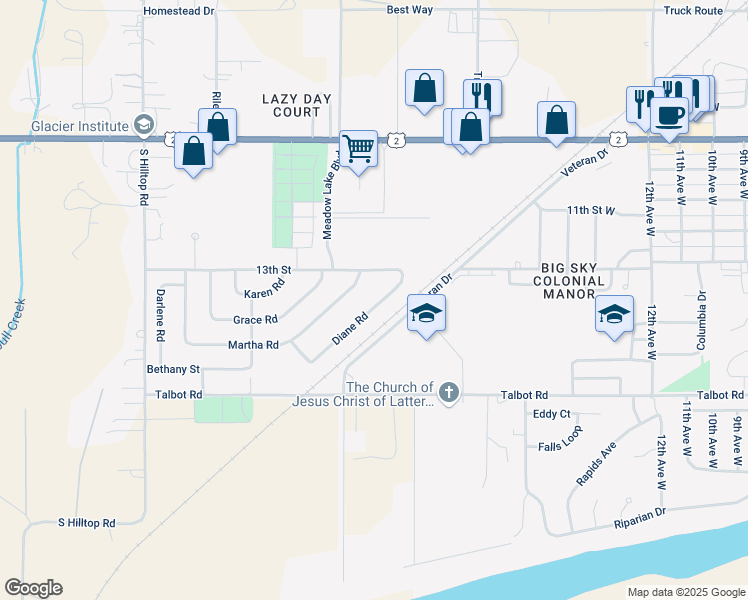 map of restaurants, bars, coffee shops, grocery stores, and more near 6 Martha Road in Columbia Falls