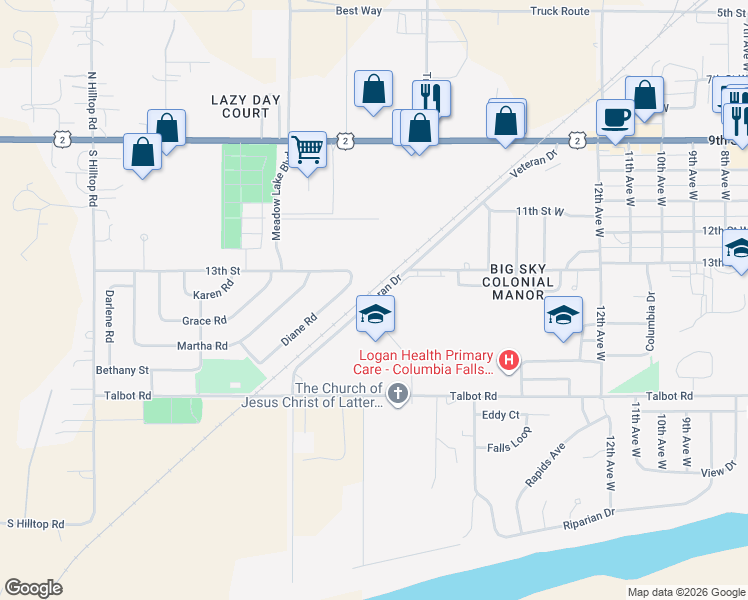 map of restaurants, bars, coffee shops, grocery stores, and more near Veteran Dr in Columbia Falls