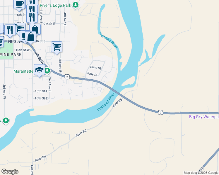map of restaurants, bars, coffee shops, grocery stores, and more near 655 U.S. 2 in Columbia Falls