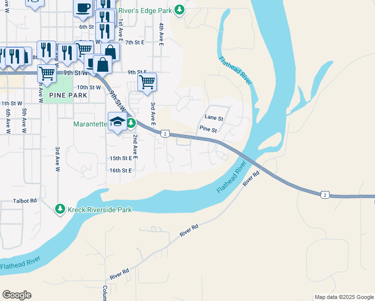 map of restaurants, bars, coffee shops, grocery stores, and more near 436 U.S. 2 in Columbia Falls