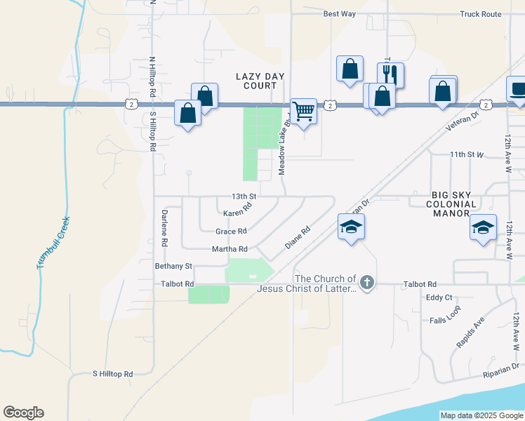 map of restaurants, bars, coffee shops, grocery stores, and more near 7 Grace Road in Columbia Falls