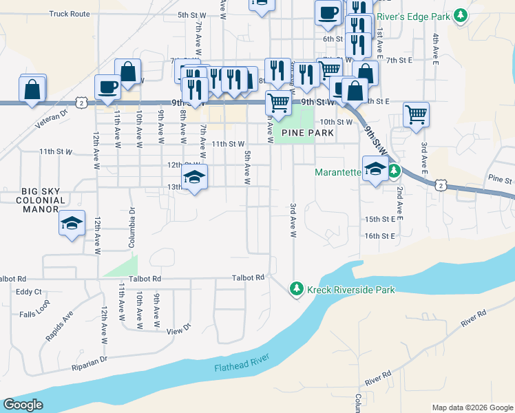 map of restaurants, bars, coffee shops, grocery stores, and more near 14th Street in Columbia Falls