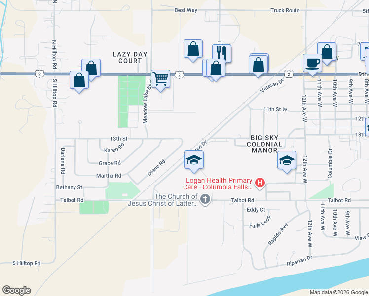 map of restaurants, bars, coffee shops, grocery stores, and more near 6 Diane Road in Columbia Falls