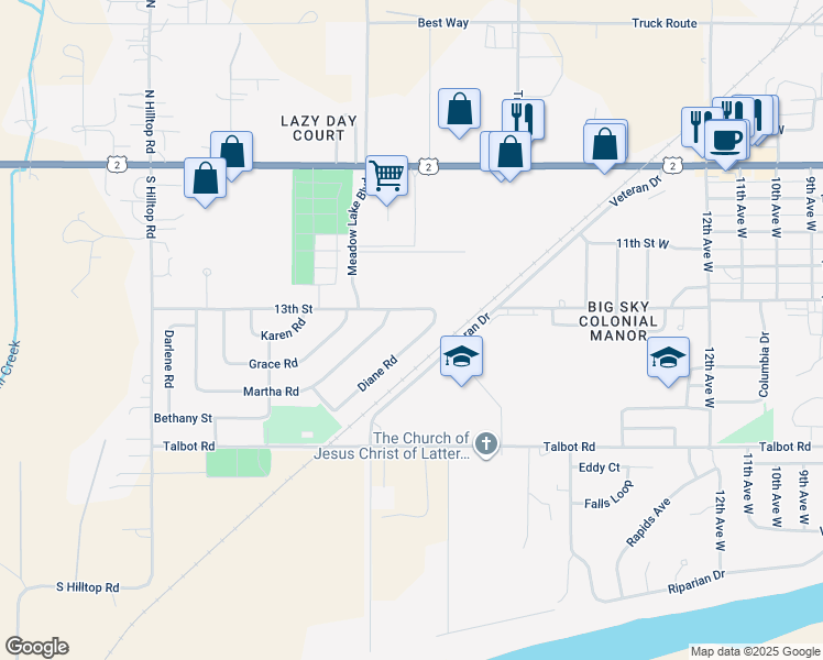 map of restaurants, bars, coffee shops, grocery stores, and more near 6 Diane Road in Columbia Falls