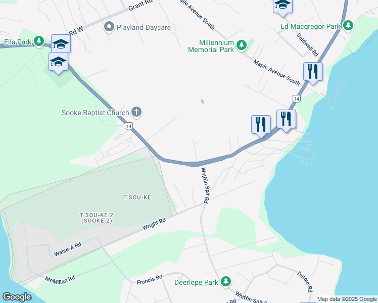 map of restaurants, bars, coffee shops, grocery stores, and more near 1821 Brooks Road in Sooke