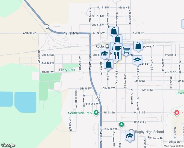map of restaurants, bars, coffee shops, grocery stores, and more near 429-499 4th Avenue Southwest in Rugby
