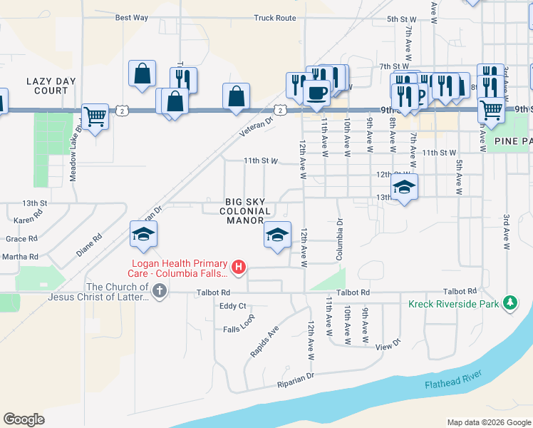 map of restaurants, bars, coffee shops, grocery stores, and more near 1300 12th Avenue West in Columbia Falls