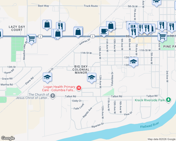 map of restaurants, bars, coffee shops, grocery stores, and more near 1300 12th Avenue West in Columbia Falls