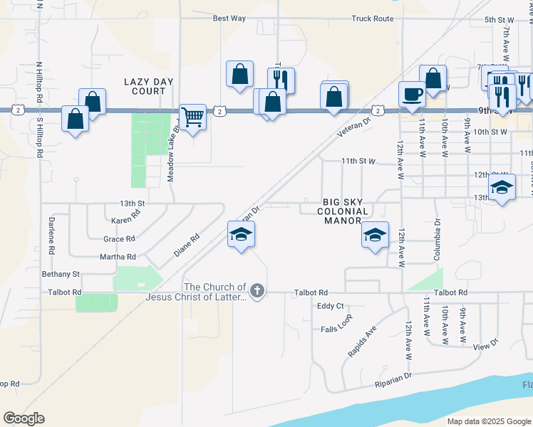 map of restaurants, bars, coffee shops, grocery stores, and more near 225 Veteran Drive in Columbia Falls