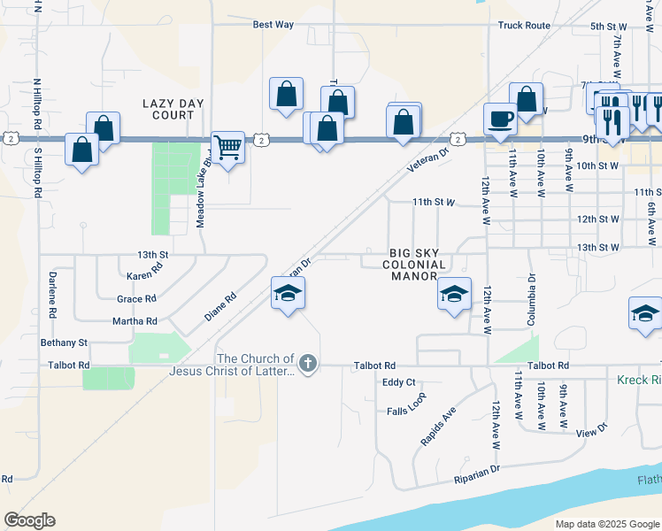 map of restaurants, bars, coffee shops, grocery stores, and more near 225 Veteran Drive in Columbia Falls