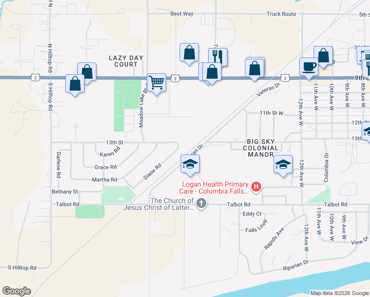 map of restaurants, bars, coffee shops, grocery stores, and more near Veteran Dr in Columbia Falls