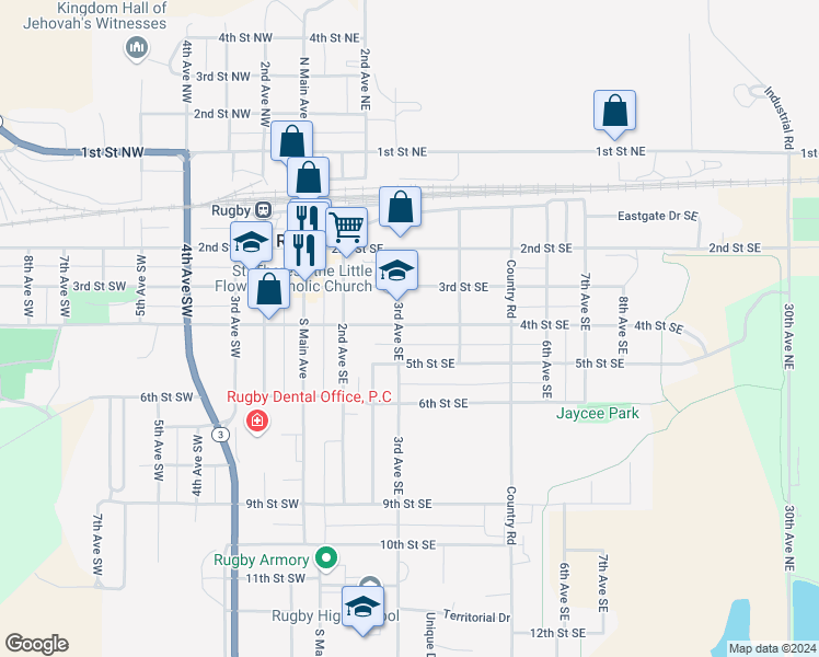 map of restaurants, bars, coffee shops, grocery stores, and more near 317 5th Street Southeast in Rugby