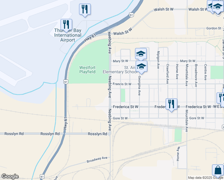 map of restaurants, bars, coffee shops, grocery stores, and more near 1312 Neebing Avenue in Thunder Bay