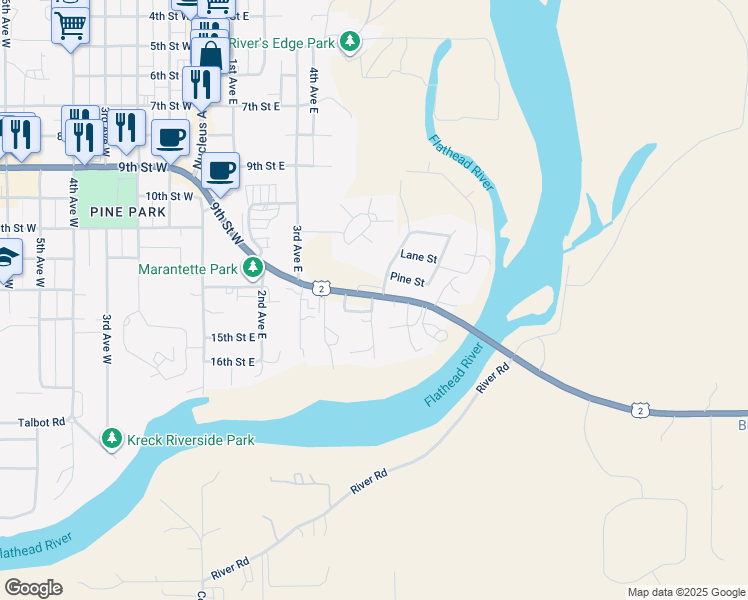 map of restaurants, bars, coffee shops, grocery stores, and more near 436 U.S. 2 in Columbia Falls