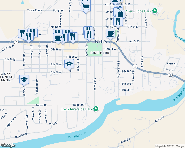 map of restaurants, bars, coffee shops, grocery stores, and more near 1239 4th Avenue West in Columbia Falls