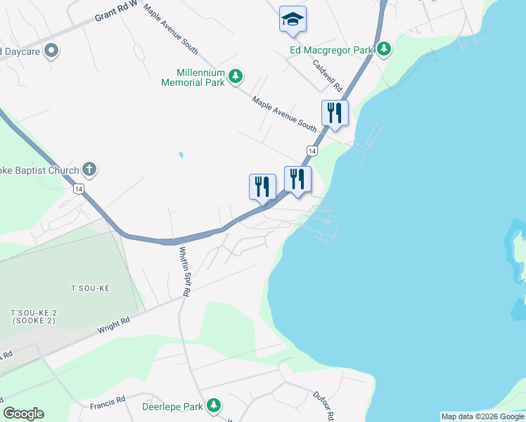 map of restaurants, bars, coffee shops, grocery stores, and more near 6947 Juan de Fuca Highway in Sooke