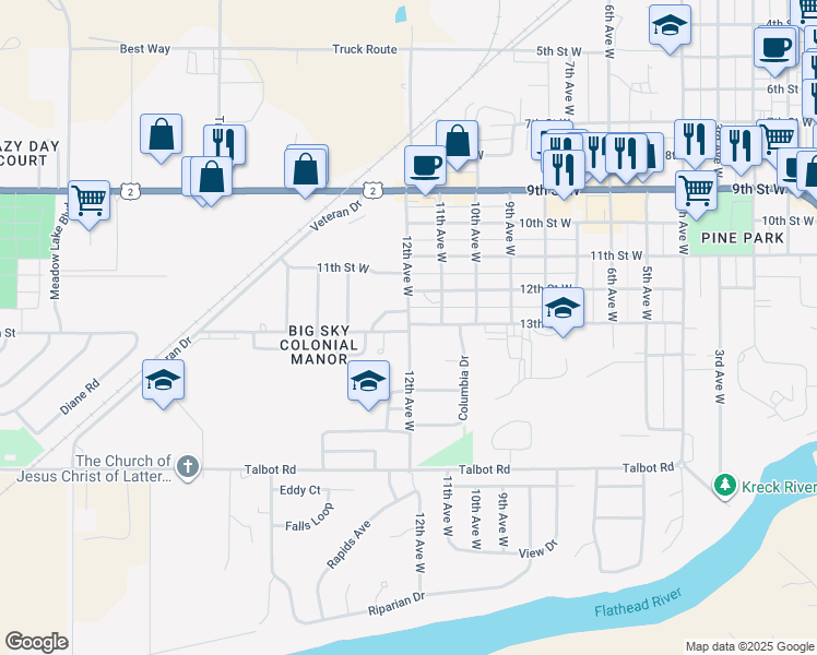 map of restaurants, bars, coffee shops, grocery stores, and more near 1250 12th Avenue West in Columbia Falls
