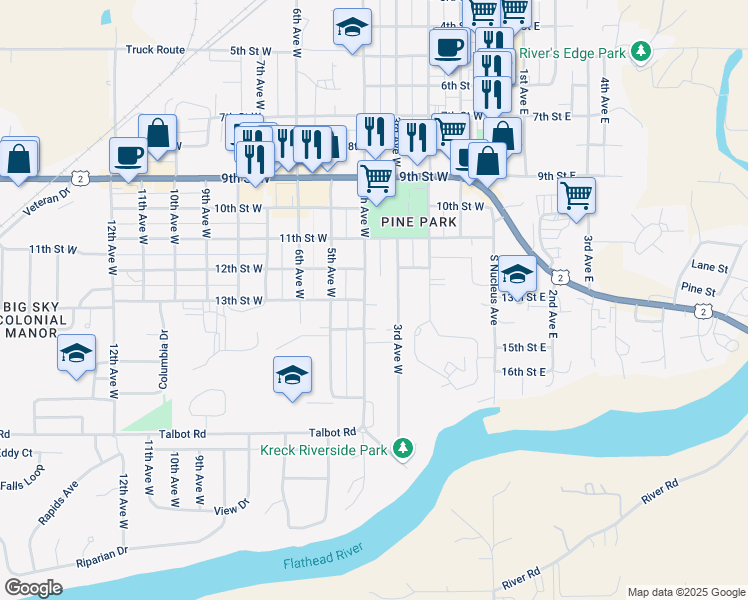 map of restaurants, bars, coffee shops, grocery stores, and more near 1239 4th Avenue West in Columbia Falls