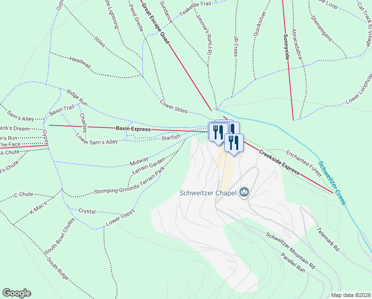 map of restaurants, bars, coffee shops, grocery stores, and more near 34 Chutes Lane in Sandpoint