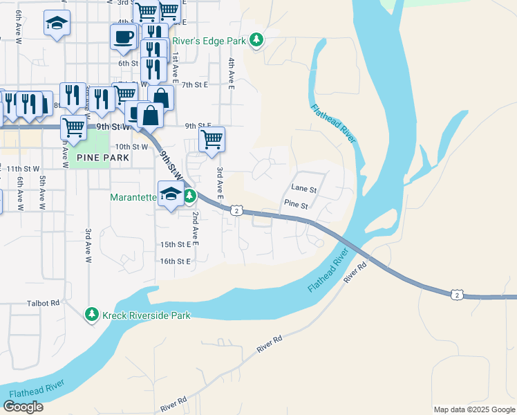 map of restaurants, bars, coffee shops, grocery stores, and more near 435 Highway 2 East in Columbia Falls