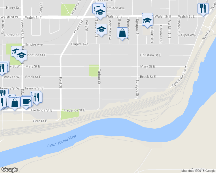 map of restaurants, bars, coffee shops, grocery stores, and more near 323 Francis Street East in Thunder Bay