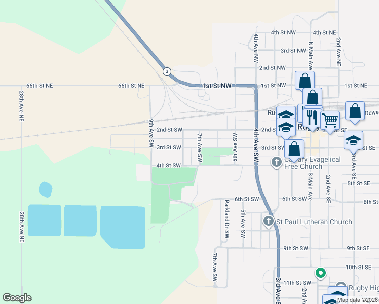 map of restaurants, bars, coffee shops, grocery stores, and more near 707 3rd Street Southwest in Rugby
