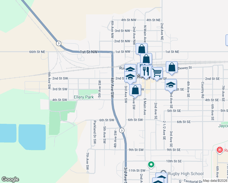 map of restaurants, bars, coffee shops, grocery stores, and more near 329 3rd Street Southwest in Rugby