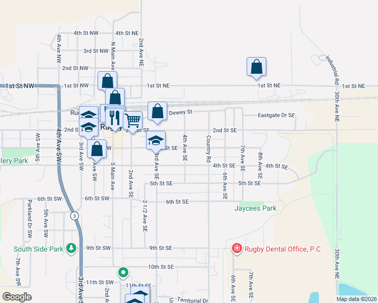 map of restaurants, bars, coffee shops, grocery stores, and more near 301 4th Avenue Southeast in Rugby