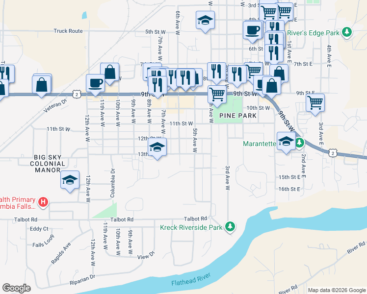 map of restaurants, bars, coffee shops, grocery stores, and more near 1221 6th Avenue West in Columbia Falls