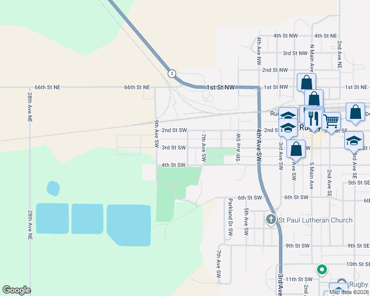 map of restaurants, bars, coffee shops, grocery stores, and more near 707-799 3rd Street Southwest in Rugby