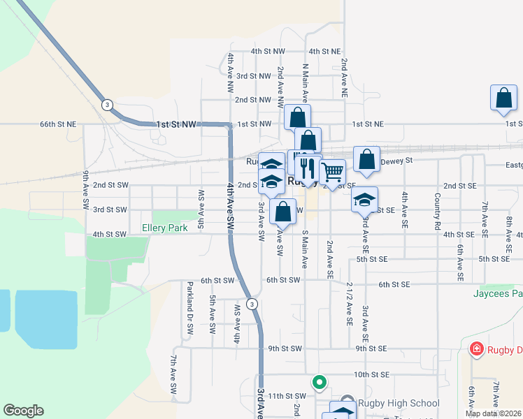 map of restaurants, bars, coffee shops, grocery stores, and more near 300 3rd Avenue Southwest in Rugby