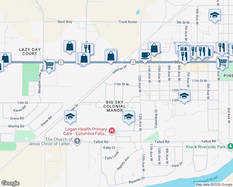 map of restaurants, bars, coffee shops, grocery stores, and more near 1228 15th Avenue West in Columbia Falls