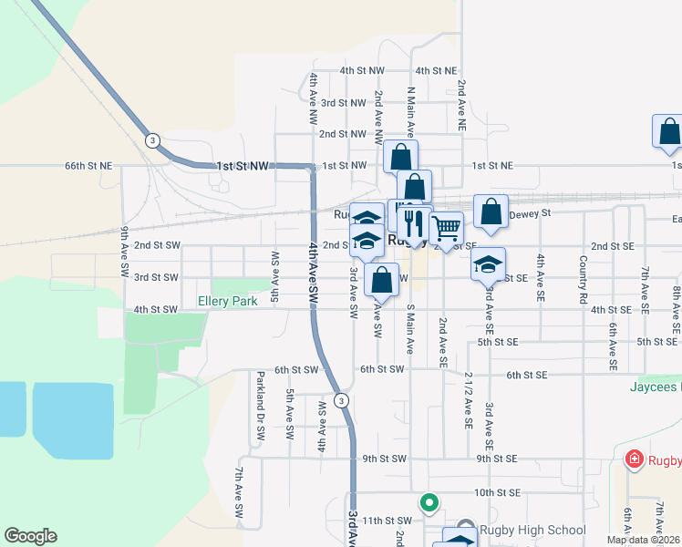 map of restaurants, bars, coffee shops, grocery stores, and more near 300-344 3rd Avenue Southwest in Rugby