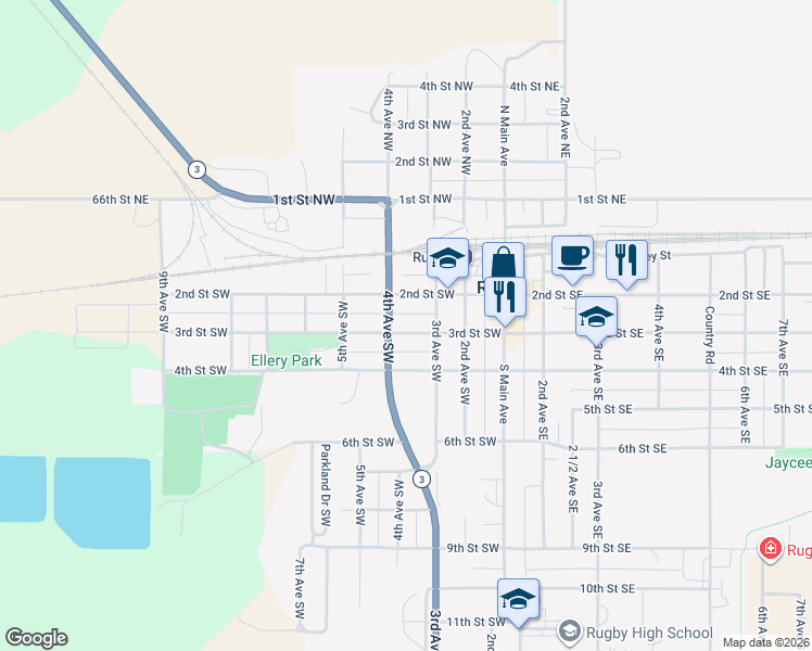 map of restaurants, bars, coffee shops, grocery stores, and more near 329 3rd Street Southwest in Rugby