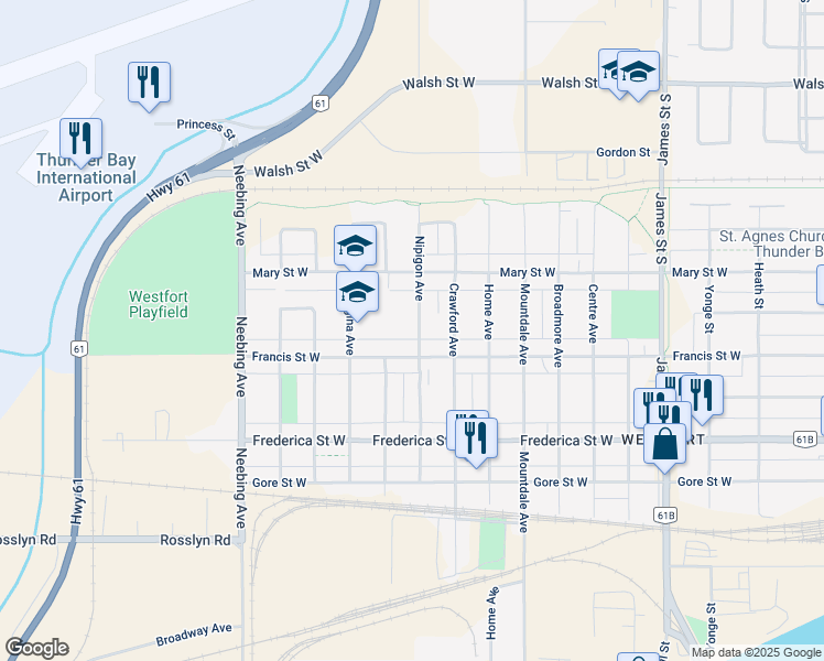map of restaurants, bars, coffee shops, grocery stores, and more near 1141 Nipigon Avenue in Thunder Bay