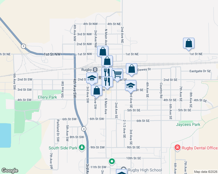 map of restaurants, bars, coffee shops, grocery stores, and more near in Rugby