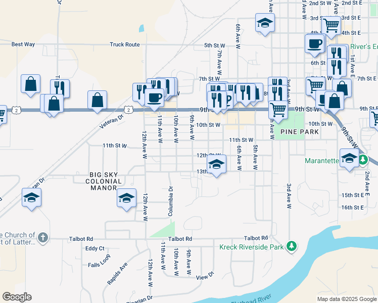 map of restaurants, bars, coffee shops, grocery stores, and more near 901-999 11th St W in Columbia Falls